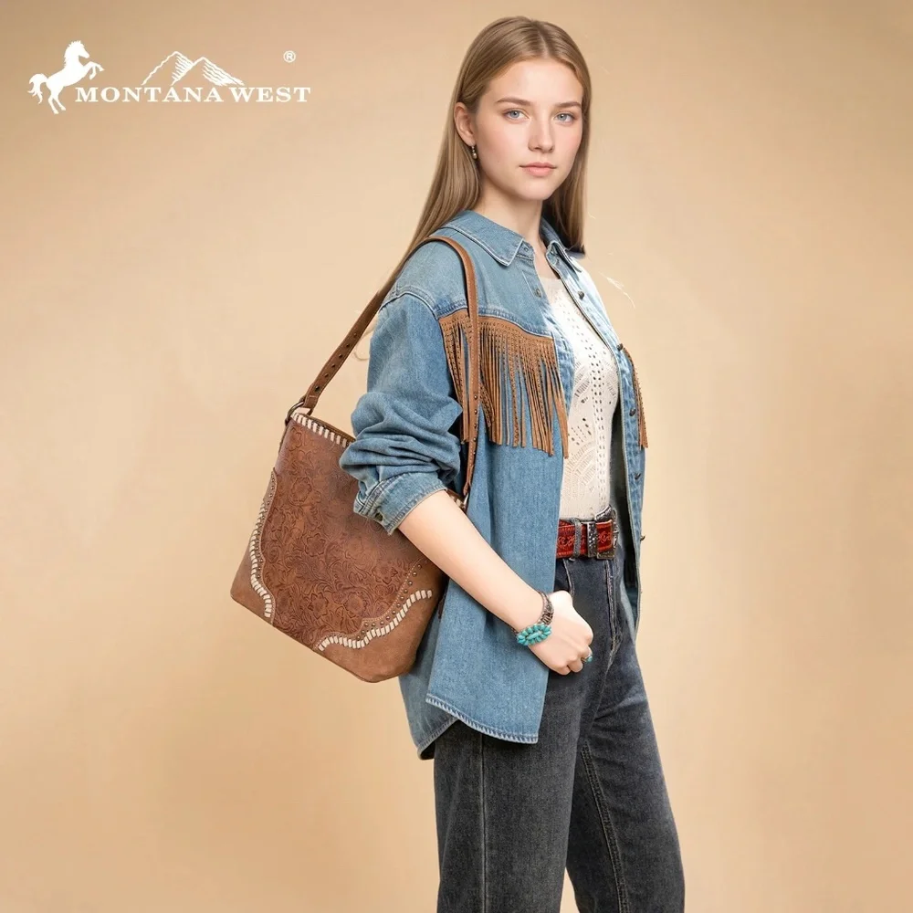 Montana West Embossed Collection Hobo Shoulder Bag Brown